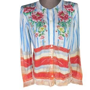 Johnny Was Summer Cardigan Womens Small Floral Striped Cotton Lightweight Button
